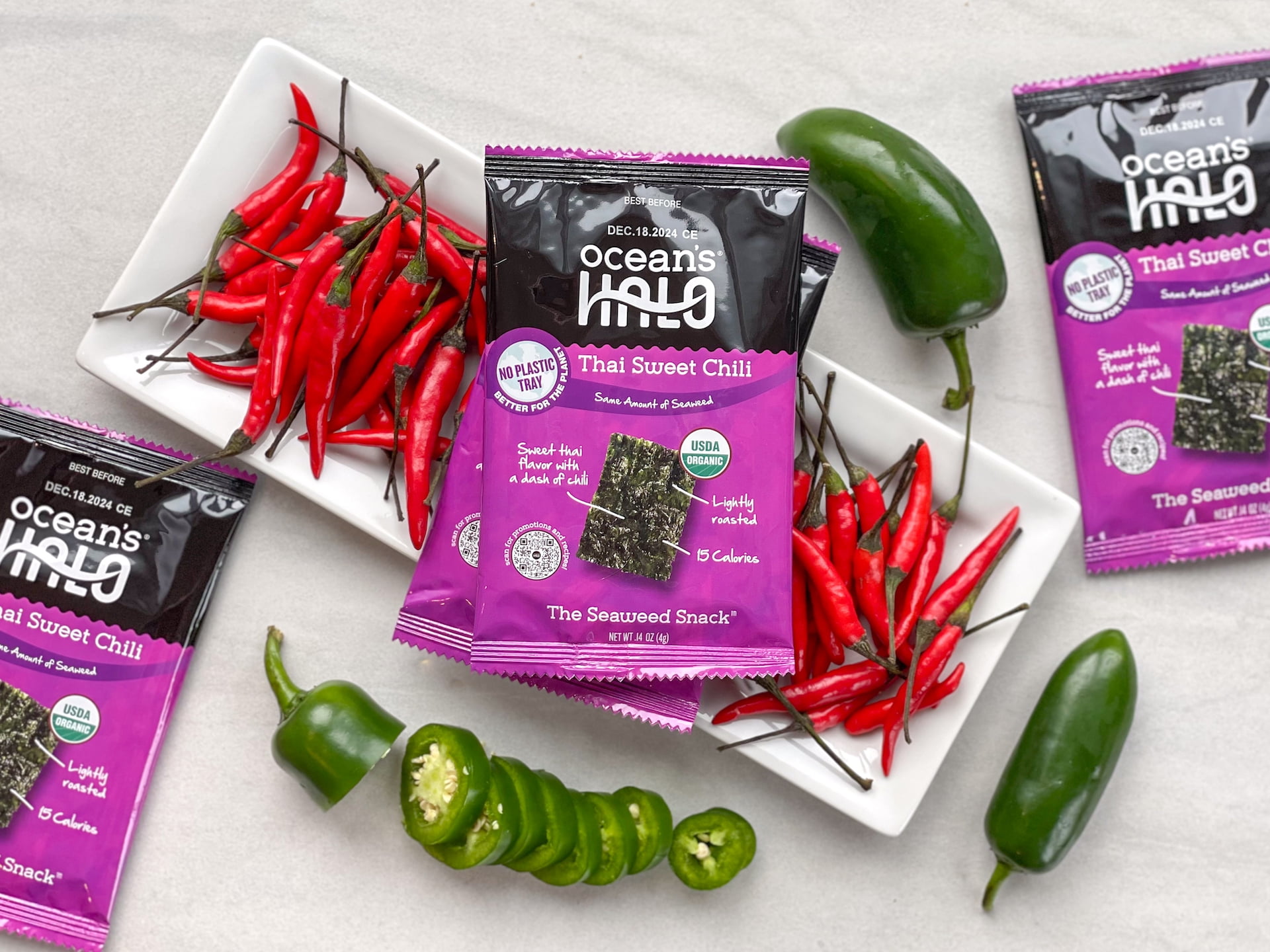 (10 pack) Ocean's Halo, Organic Trayless Seaweed Snack, Thai Sweet Chili, Vegan, Shelf-Stable Nori, No Plastic Tray, 0.14 oz
