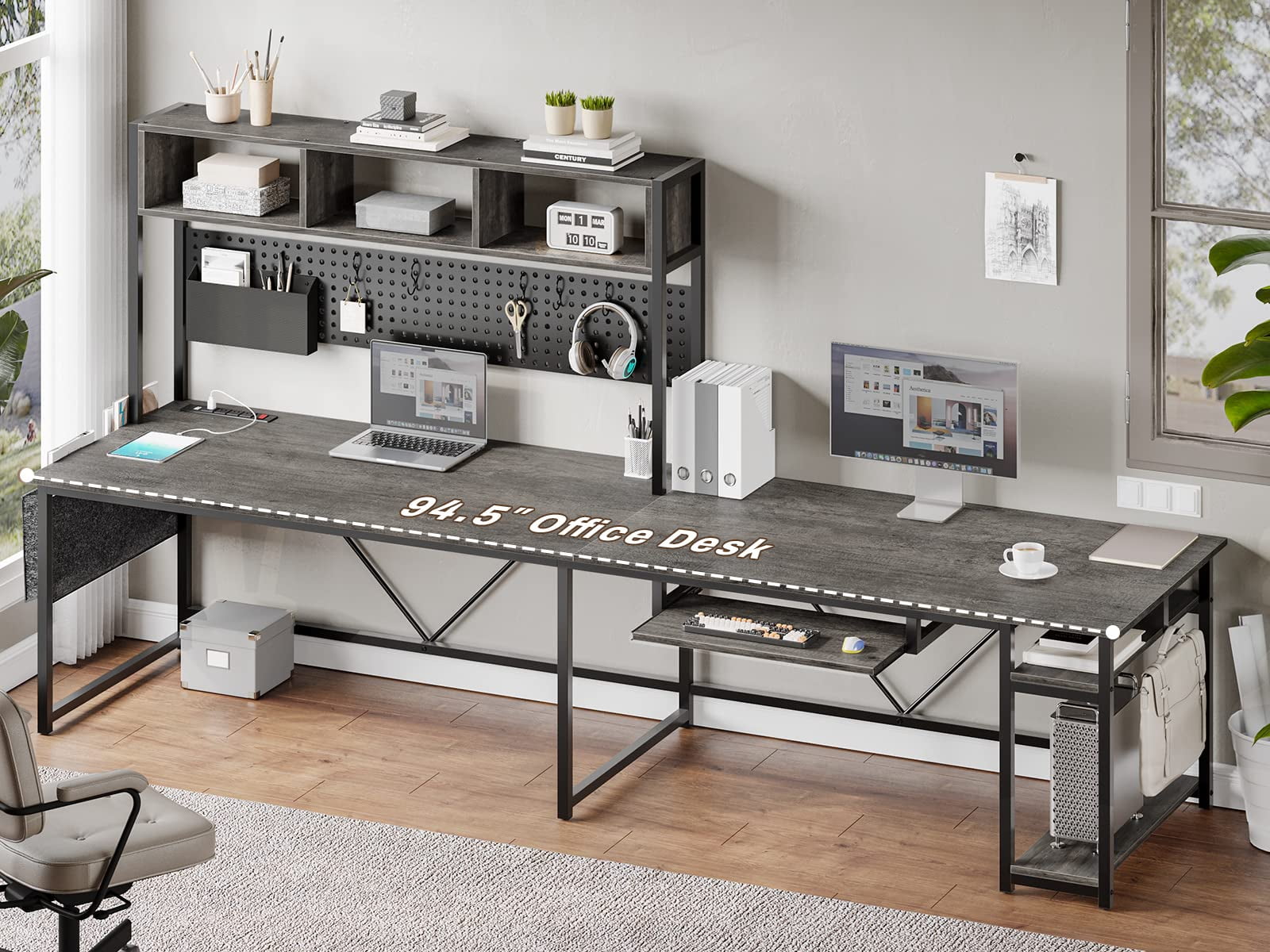 L-Shaped Desk with Hutch & Pegboard, Corner Gaming Desk with LED Lights & Charging Station for Bedroom, Dark Gray