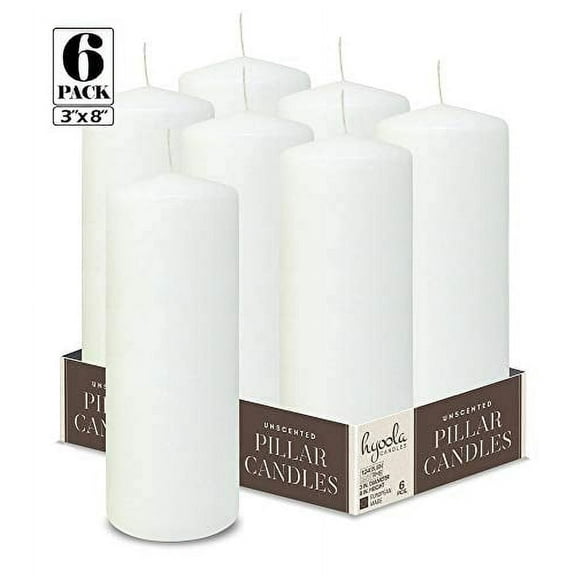 Hyoola 3 x 8 White Unscented European Made Pillar Candles, Dripless Paraffin Wax with Smokeless Cotton Wicks, 6-Pack