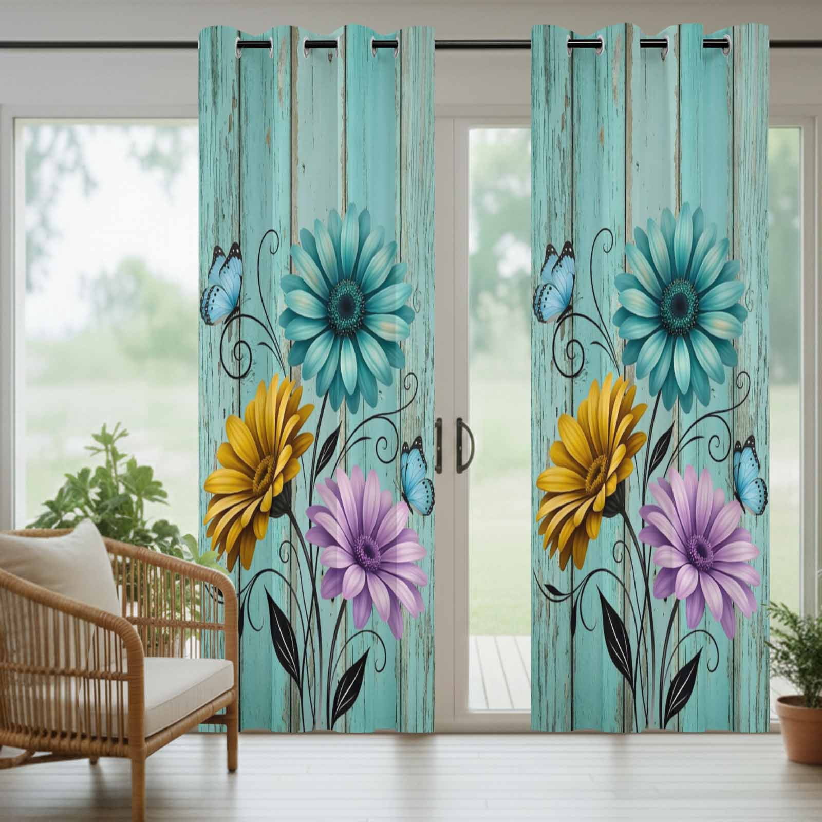 Vintage Flower Outdoor Curtains for Patio, Yellow Purple Daisy Blue Butterfly Green Wood Grain Sunshade Privacy Drapes Grommet Waterproof Outside Curtains for Porch/Cabana/Balcony 54"x 108", 1 Panel