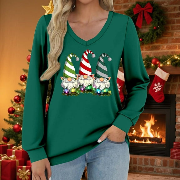 Craaazy Christmas Shirts for Women V Neck Long Sleeve Sweatshirt Christmas Print Pullover Tops Gifts