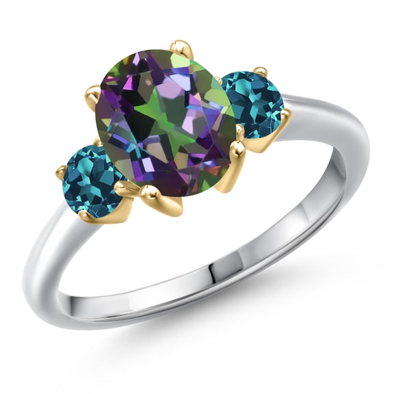 Gem Stone King 925 Silver and 10K Yellow Gold Green Mystic Topaz and London Blue Topaz Engagement Ring for Women | 2.96 Cttw | Oval 9X7MM | Gemstone November Birthstone | Size 5