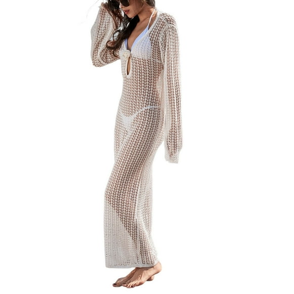 JAKANYQ Women Swimwear Knitted Swimsuit Cover Up 3D Floral Hollow Out Open Back Tie Up Maxi Dress Beachwear Coverup Dresses Cozy Hawaii Summer Tropical Brazilian Swim Wear
