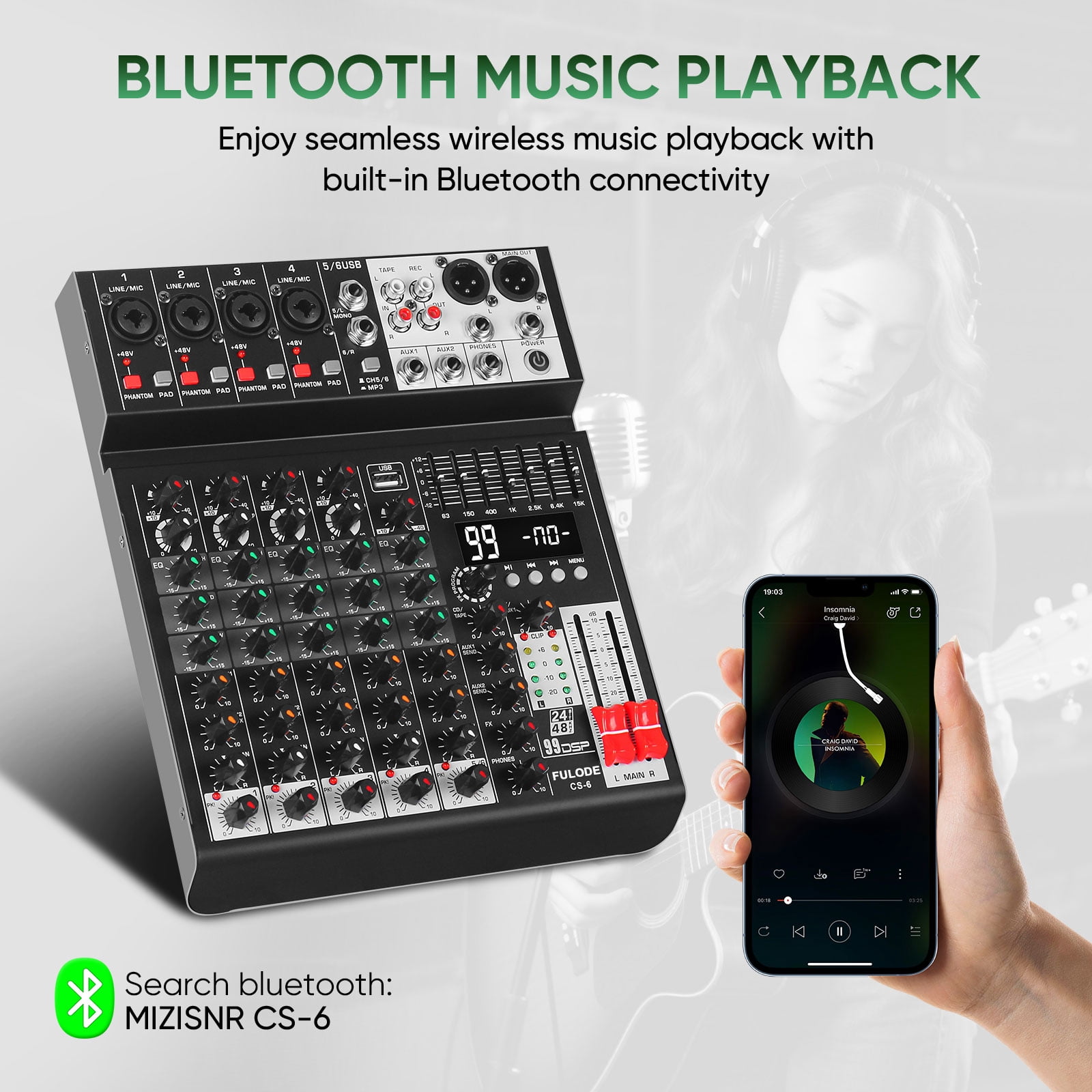 Audio Mixer 6 Channel Sound Mixer Console, Professional Music Mixing Board DJ Mixer w/ 99 DSP, 7-band EQ, USB, Bluetooth, 48V Phantom Power & PAD Function for Recording PA Live Live Streaming