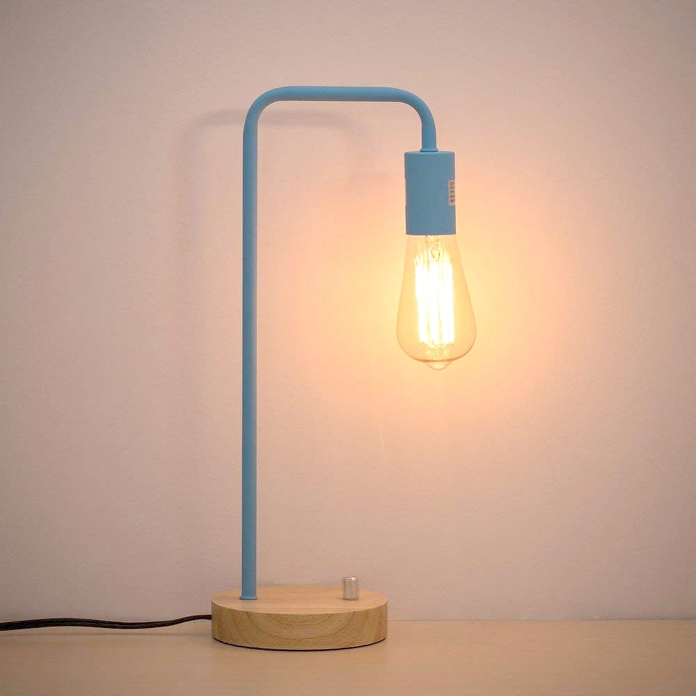 Blue Industrial Table Lamp, Wooden Base with Metal Frame and Rotary Switch