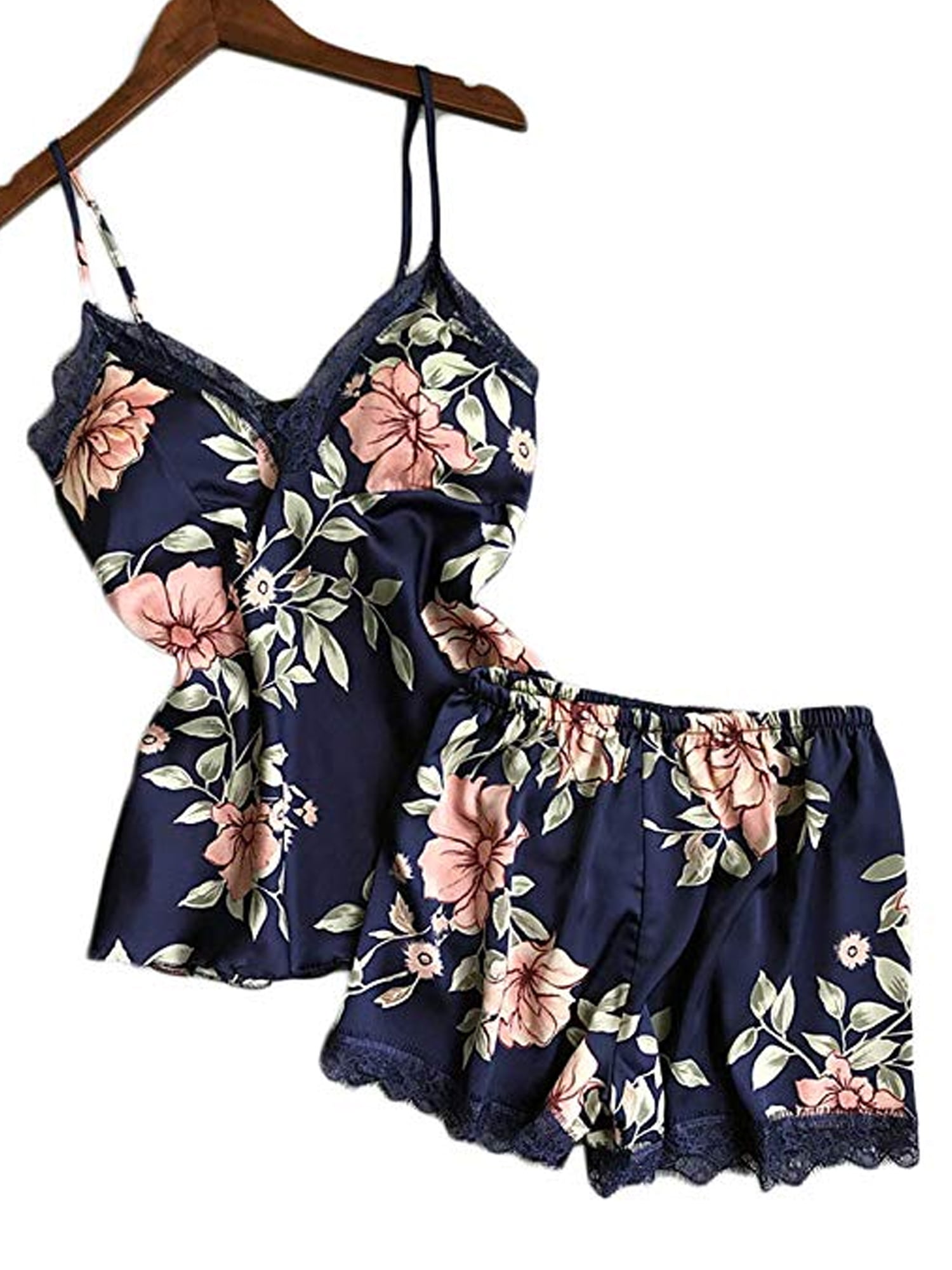 Nituyy 2Pcs Women Satin Silk Sleepwear Lace V Neck Pyjamas Set