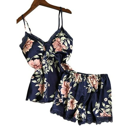 

Nituyy 2Pcs Women Satin Silk Sleepwear Lace V Neck Pyjamas Set