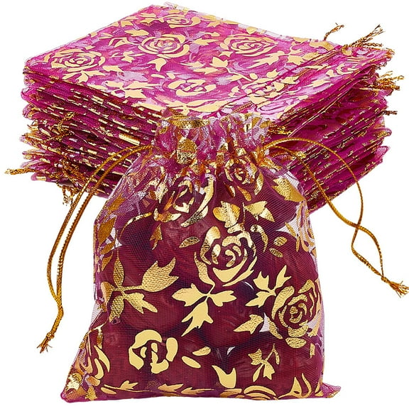 100Pcs Rose Printed Organza Bags Wedding Favour Bags Gift Bags Rectangle Orchid 12x10cm