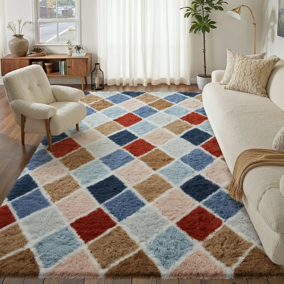 WIPONKEN 6x9 Checkered Shag Rug for Living Room Bedroom Dining Room Office Farmhouse, Washable Noneslip Area Rug Soft Indoor Fluffy Rugs, Colorful