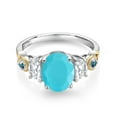 thumbnail image 2 of Gem Stone King 925 Silver and 10K Yellow Gold 3-Stone Ring Oval Green Turquoise and Moissanite (2.01 Cttw, Size 9), 2 of 3