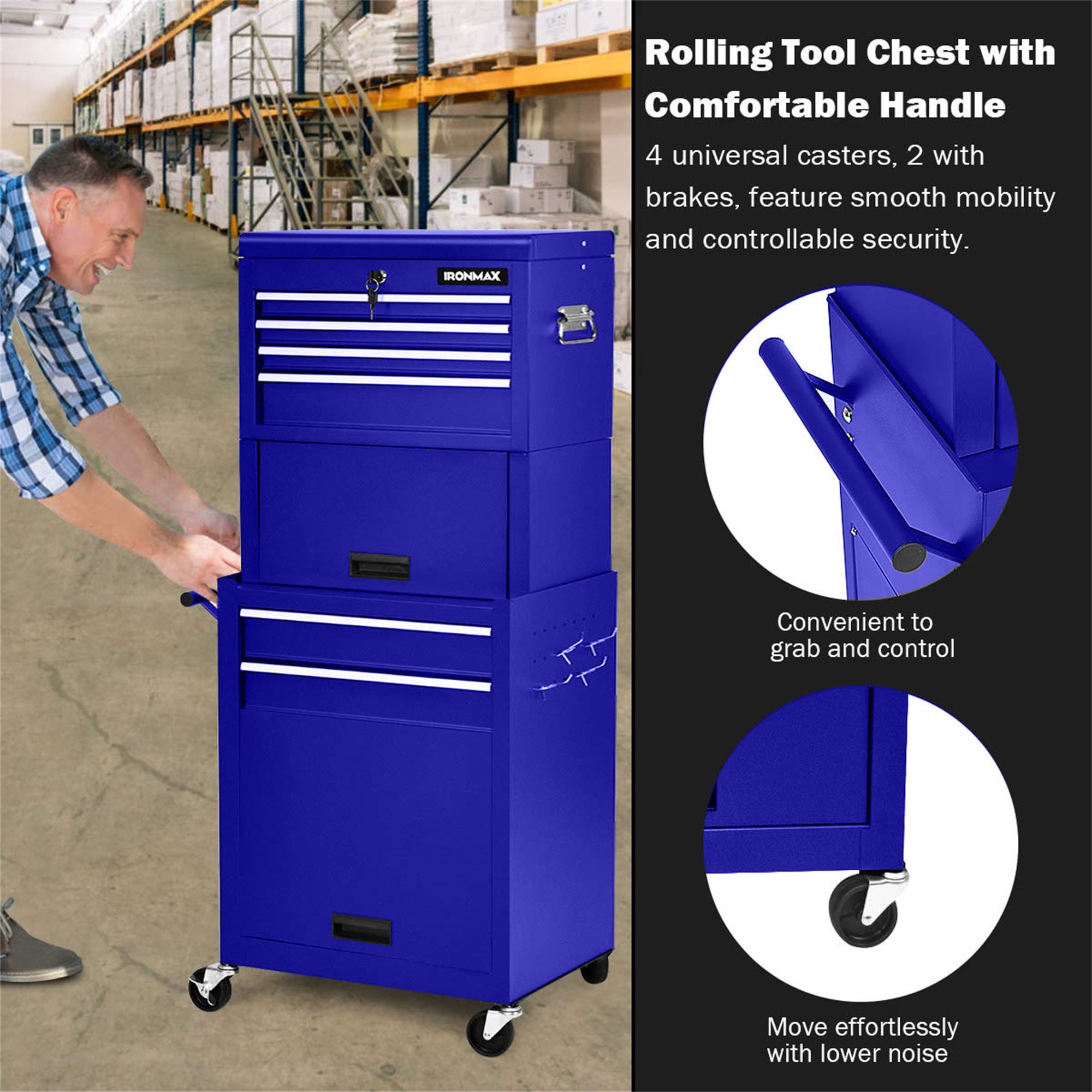 Aukfa Tool Box, 3 in 1 Steel Rolling Tool Chest w/ 6-Drawers & 2 Cabinet for Garage Workshop, Blue