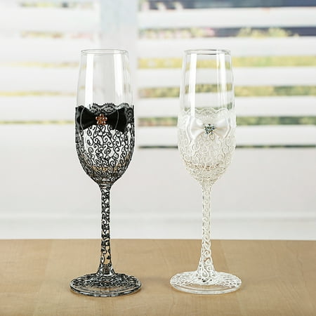 Wedding Champagne Glasses With Hand Painted Lace Pattern 
