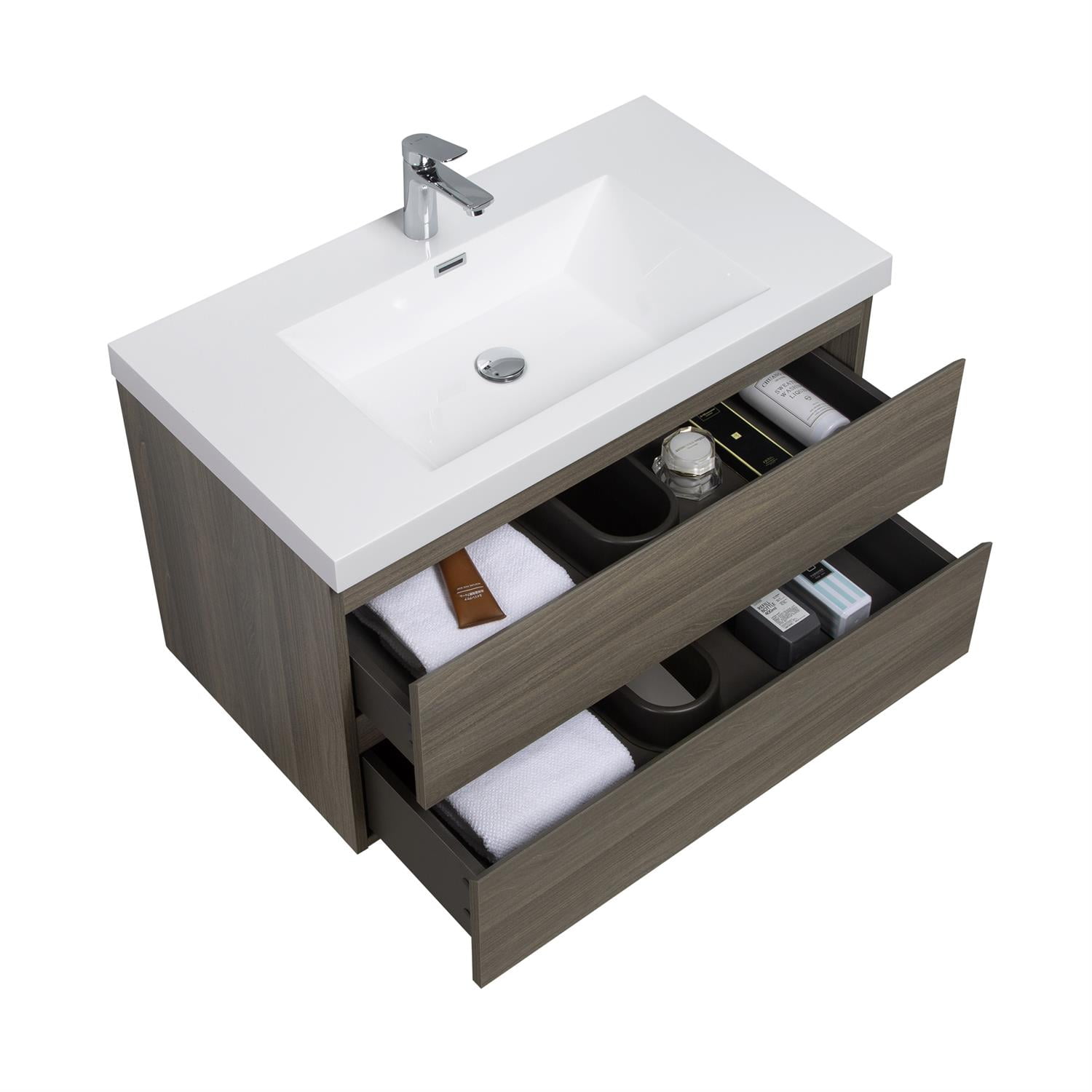 Demi Bonn 36" Floating Bathroom Vanity with Sink, Resin Top Basin and 2 Soft Close Drawers, Faucets and Drains Not Included, Gray