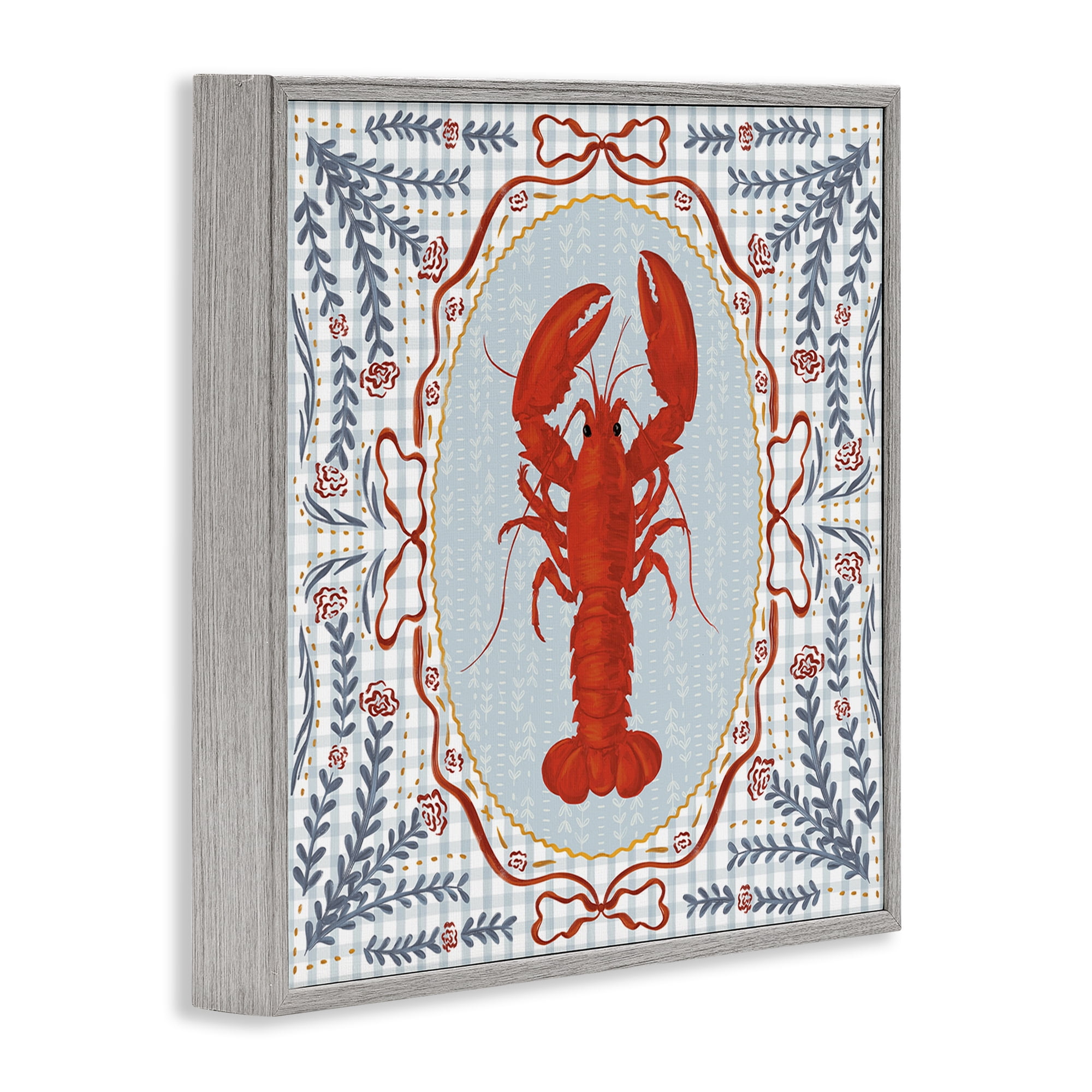Stupell Industries Lobster Portrait Blue Gingham Gray Framed Giclee Art, design by Vero Illustrates
