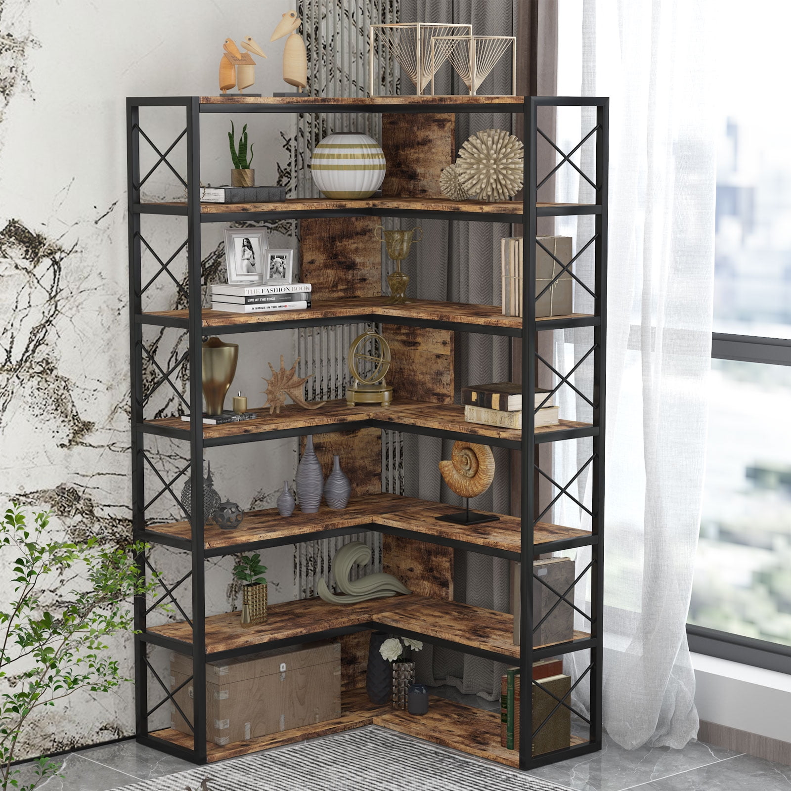 Corner Bookcase 6 Shelf Vintage Industrial Corner Bookshelf