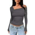thumbnail image 2 of TANGNADE Women's One Off Shoulder Long Sleeve Top Ruched Going Out Tops Slim Fit Shirt Crop Sexy Blouse, Gray L, 2 of 5