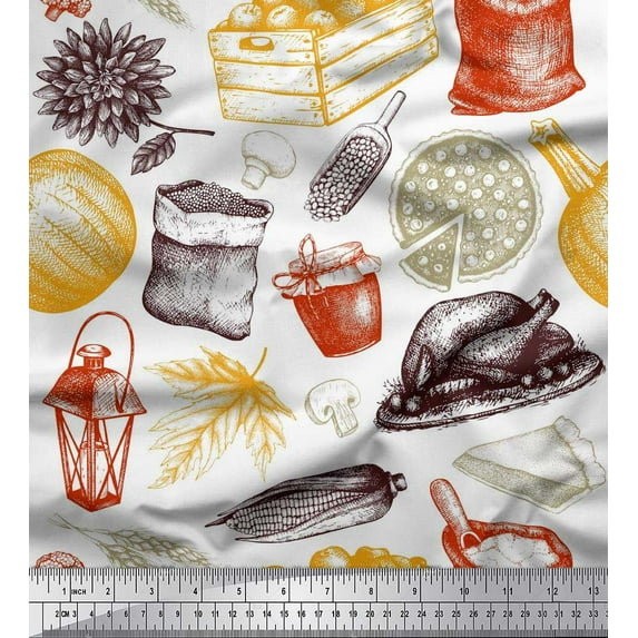 Soimoi Cotton Cambric Fabric Vegetables,Non Veg & Pizza Food Printed Fabric 1 Yard 56 Inch Wide
