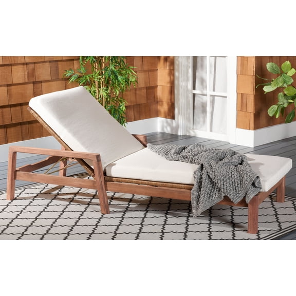 SAFAVIEH Couture Donnamaria Eucalyptus Wood Outdoor Chaise Lounge, Natural/White