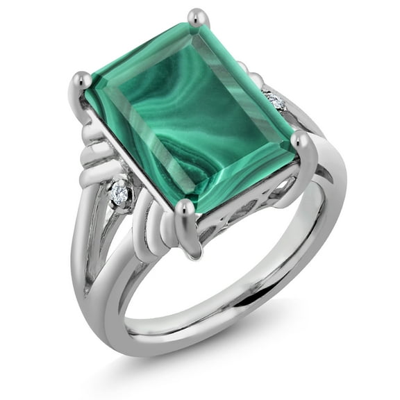 Gem Stone King 925 Sterling Silver Green Malachite and White Diamond Engagement Ring for Women (10.03 Cttw, Gemstone Birthstone, Emerald Cut 14X10MM, Size 7)