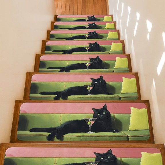 Black Cat Stair Treads Non Slip for Steps Boho Lack Animal Cocktail Party Olive Green Sofa 7 Pcs Reusable Adhesive Stair Runner Mats for Dogs Elders Carpet Treads Rugs for Staircase 8x30 In