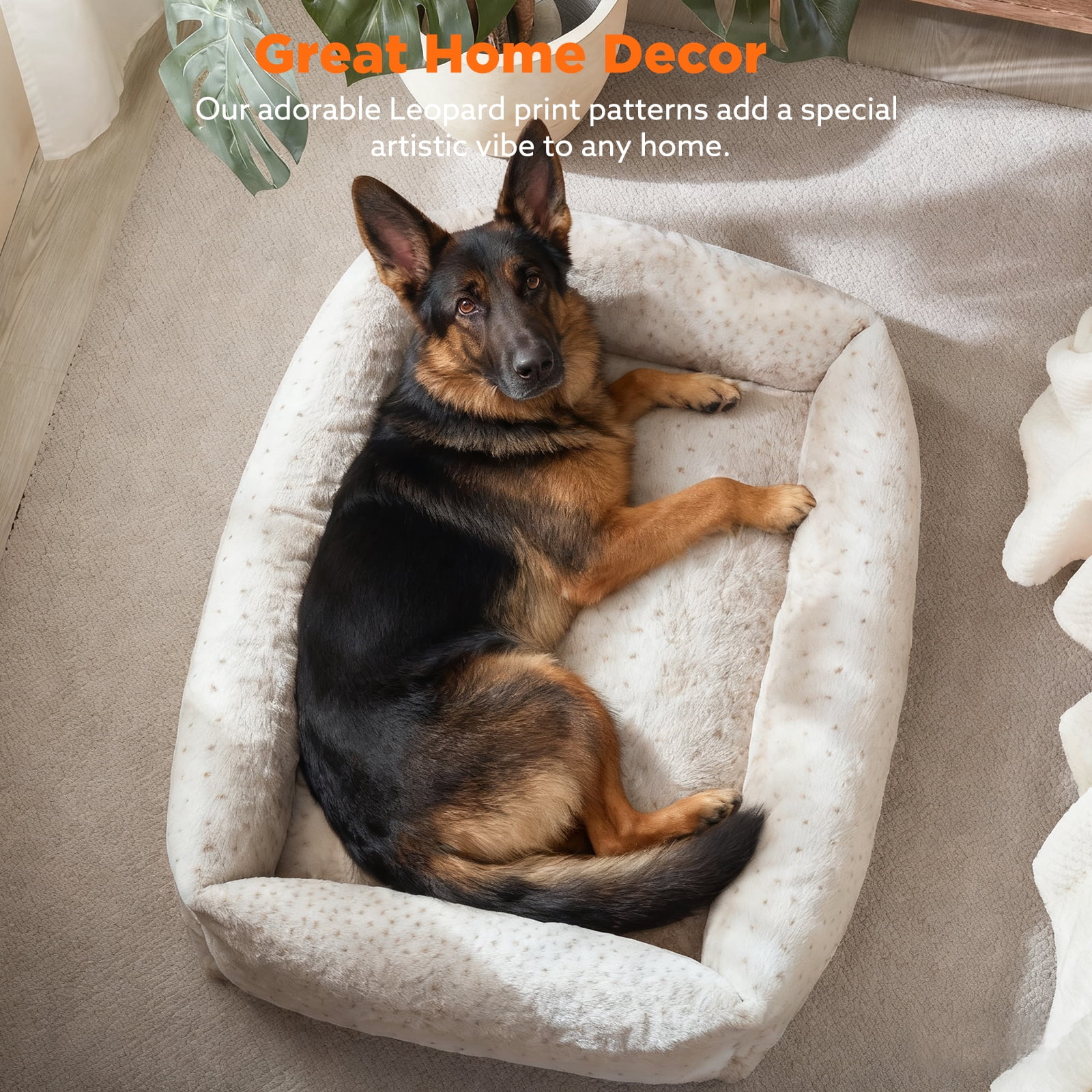 Vintage Leopard Print Dog Bed Cat Bed, Ultra Soft Calming Dog Bed, Rectangle Comfortable Pet Bed for Small Medium Large Dogs, Off-White, 36in
