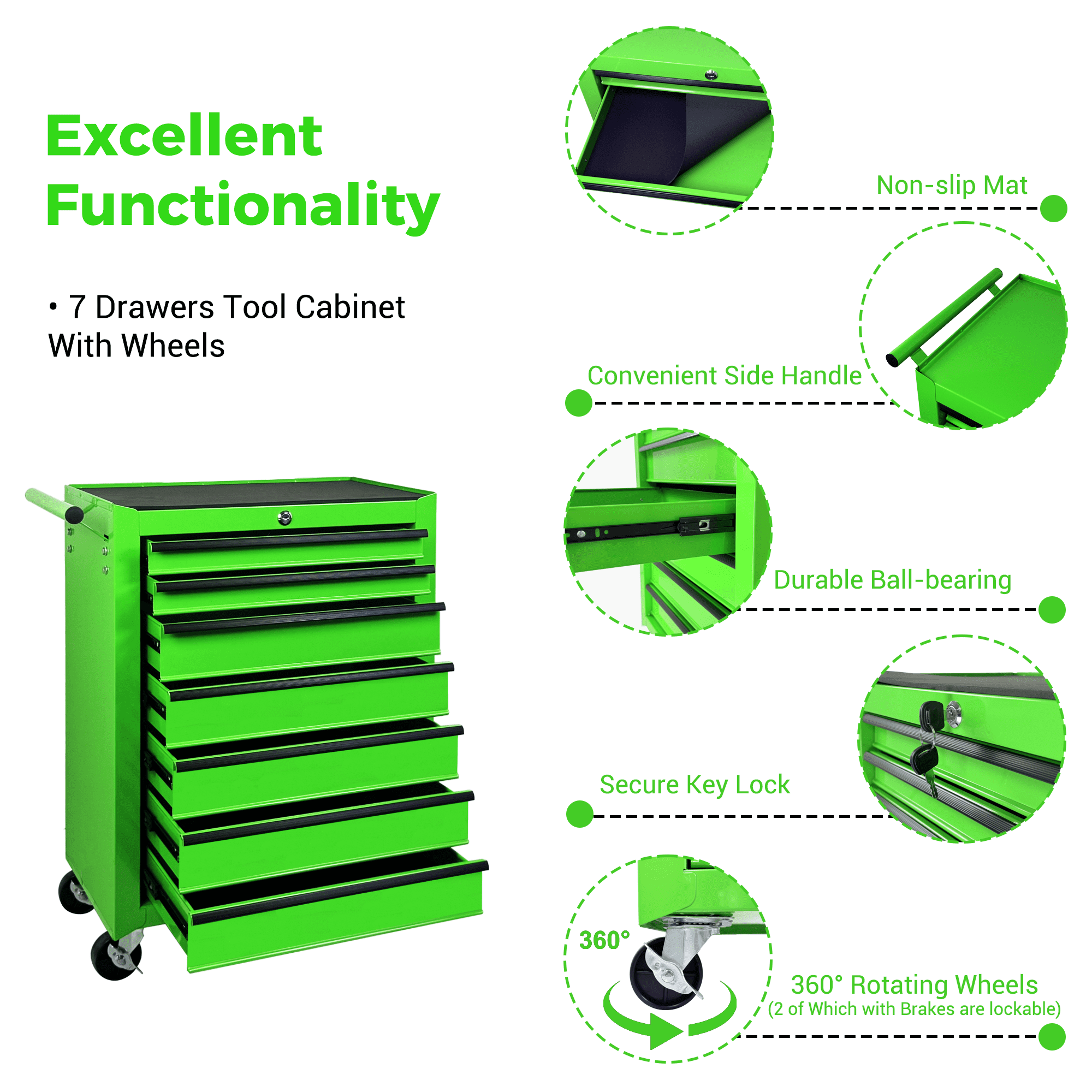 20-Inch Rolling Metal Tool Chest with 7 Drawers and Ball-Bearing Slides, Steel Tool Storage Cabinet with Lockable Wheels, Green