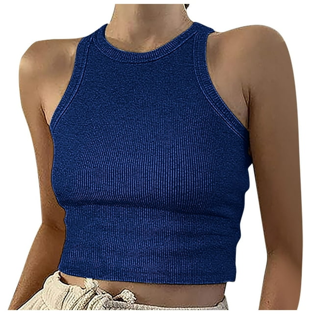 Hauts Courts Unis Débardeur pour Femme Couleur Sans Manches Col Rond Blouse pour Femme