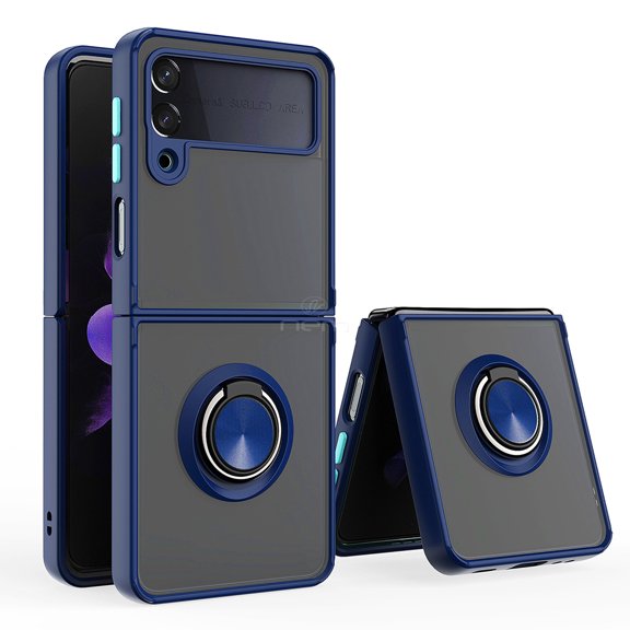 For Samsung Galaxy Z Flip 4 Impact Metal Ring Holder Stand Magnetic Car Mount Protective Hybrid Case Cover Blue