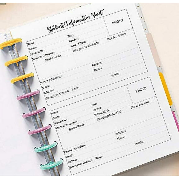 Student info sheets, Teacher Planner Inserts for 7 Disc Planners