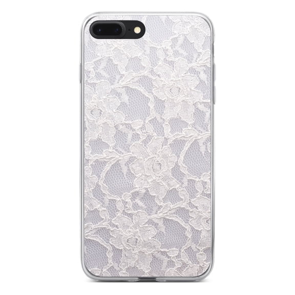 DistinctInk Clear Shockproof Hybrid Case for iPhone 7 PLUS / 8 PLUS (5.5" Screen) - TPU Bumper, Acrylic Back, Tempered Glass Screen Protector - White Lace Wedding
