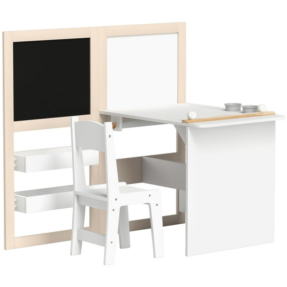 Homiyad 3 in 1 Kids Table and Chair Set with Storage, Whiteboard, Blackboard & Roll Paper for 3-8 Years, White