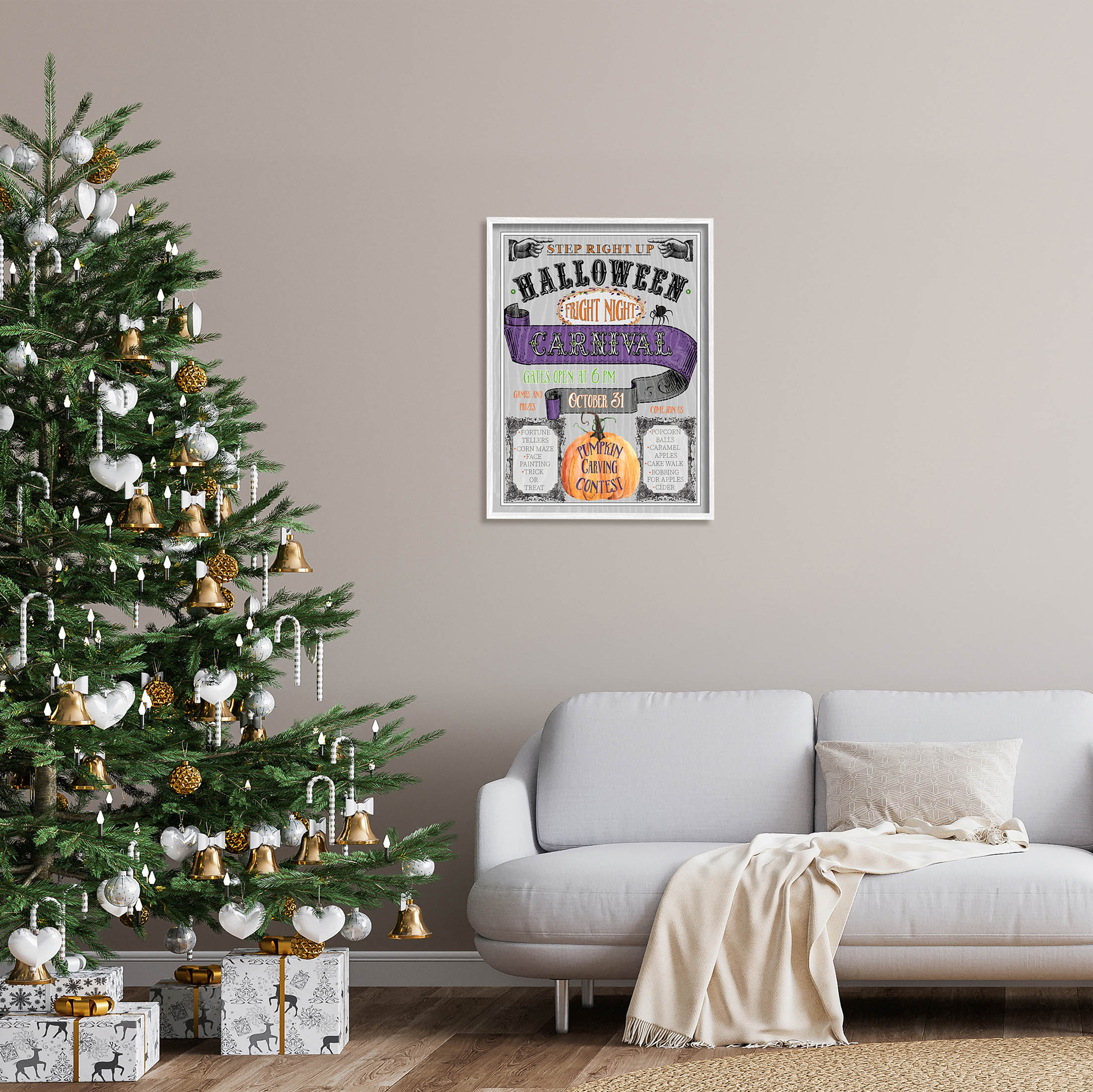 Stupell Industries Halloween Fright Night Carnival Sign Graphic Art White Framed Art Print Wall Art, Design by Livi Finn