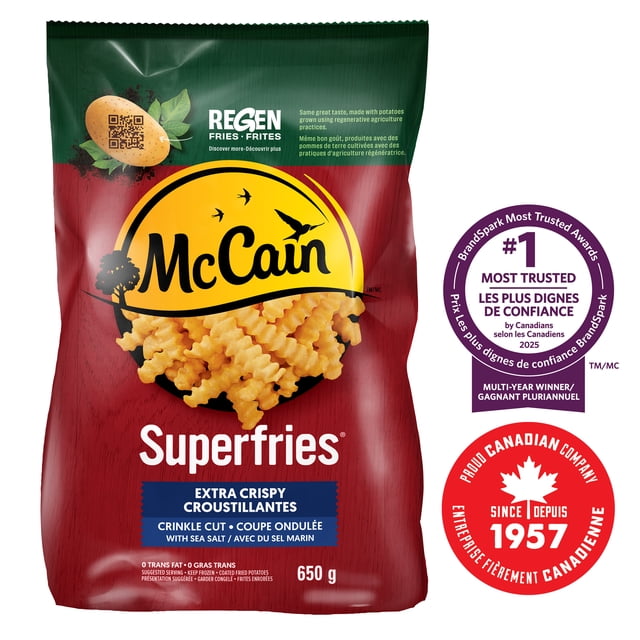 McCain® Superfries® Extra Crispy Crinkle Cut Fries, Made in Canada from domestic and imported ingredients, 650g