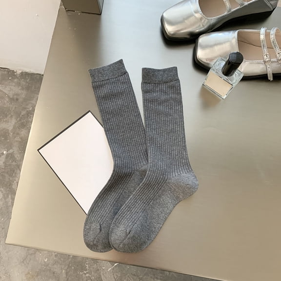 Knee High Socks Ribbed Crew Socks Womens Stretchy Solid Color Casual Socks for Daily Wear Dark Gray One Size