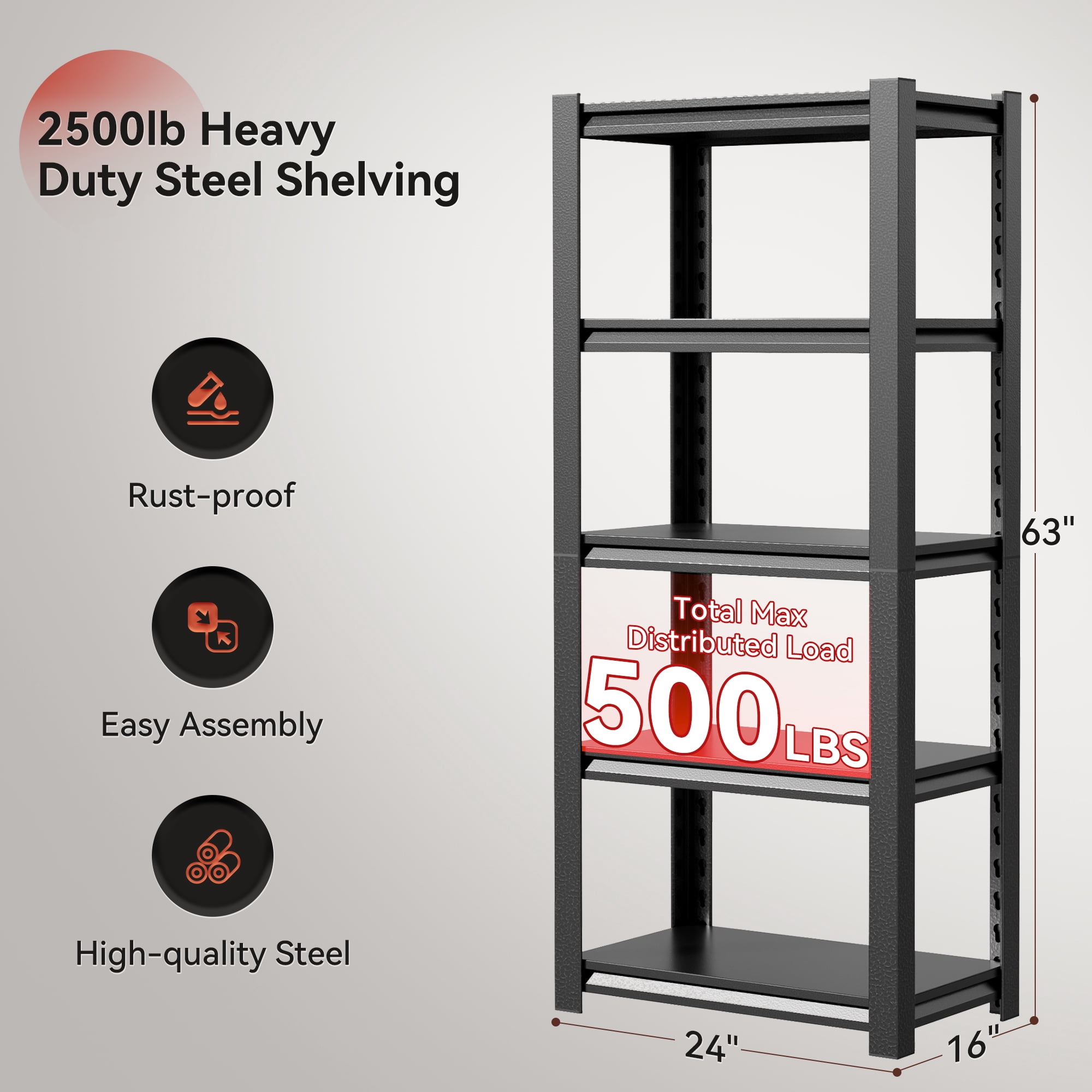 Welfiya 5-Tier Garage Shelving,24"W Storage Shelves,2500LBS Heavy Duty Shelving, Adjustable Metal Shelving Units for Storage Rack for Shed Warehouse Basement, Black,24"W x 16"D x 63"H