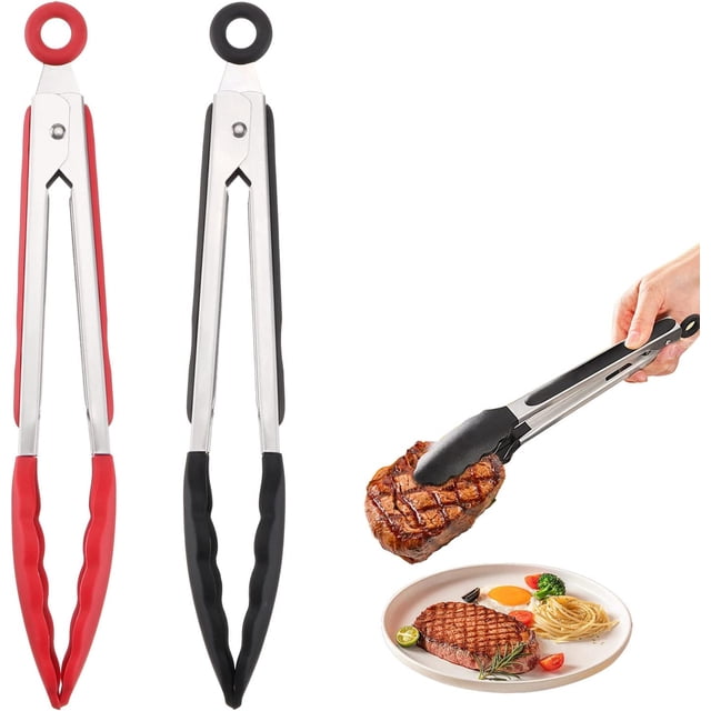 Pinzas de Cocina, Pinzas de Silicona para Alimentos, Pinzas para Tostadora, Pinzas para Barbacoa, Pinzas de Cocina de Acero Inoxidable, Utensilios de Cocina, Pinzas para Cocinar (Rojo/Azul) JM