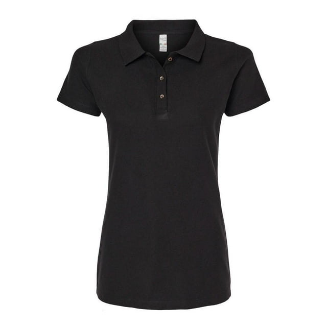 Playera M&O Knits para Mujer Polo Dos Botones Manga Corta en color negro, confeccionada en tela suave, ligera y cómoda con fit regular, cuello tipo polo y tres botones frontales, adecuada para uso casual y actividades diarias.