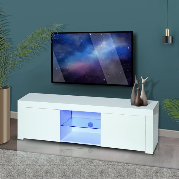 Corner Tv Stand With Storage Modern White Led Lights Cabinets Shelves Media Console Table Cabinet Entertainment Center For Living Room Bedroom 59 Lx14 Wx18 H W14557 Com Media Storage Console Table, Corner Tv Unit And Console Table