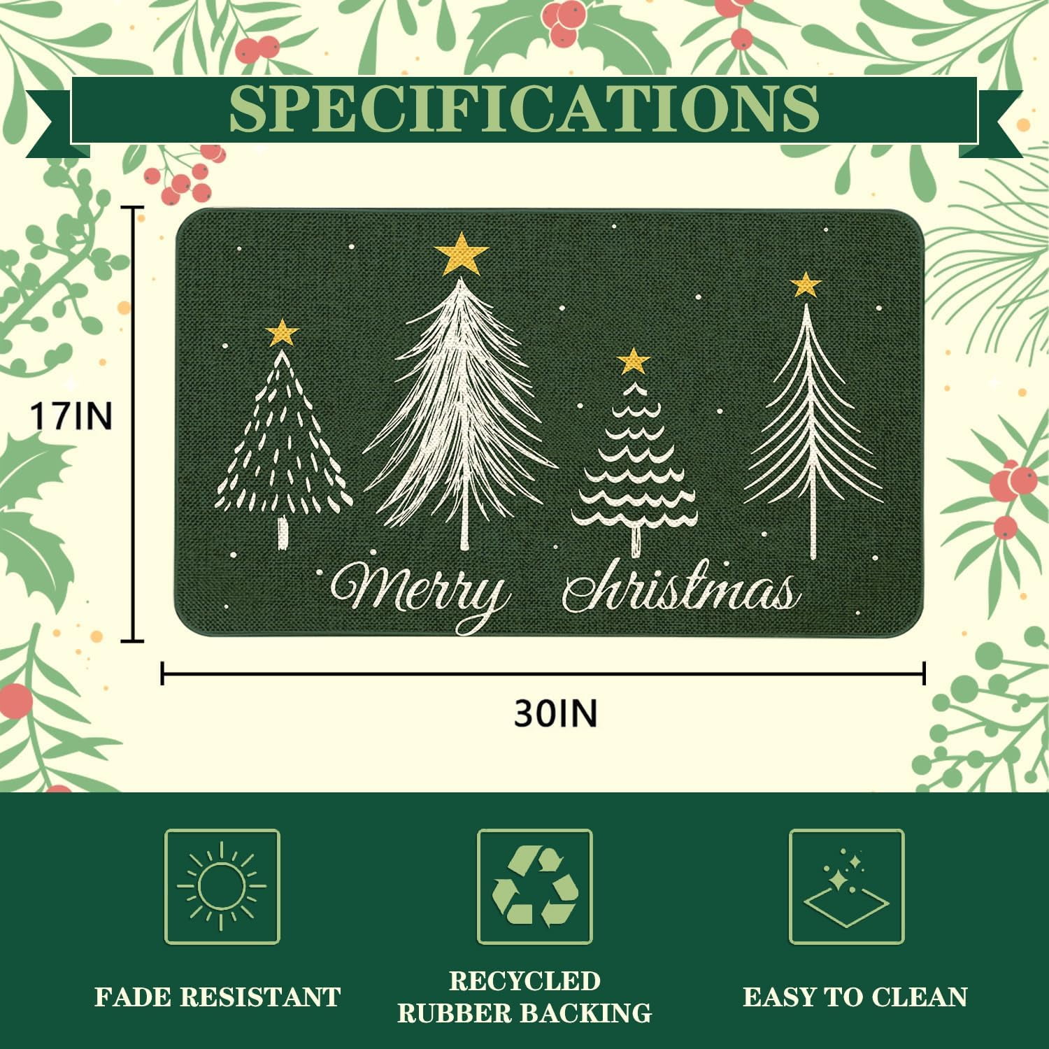 Christmas Door Mat 17x29 Inch Winter Doormat Decorative Outdoor Green Christmas Terr Decoration Indoor Outdoor Entrance Floor mat, Non Slip Welcome Party Decor
