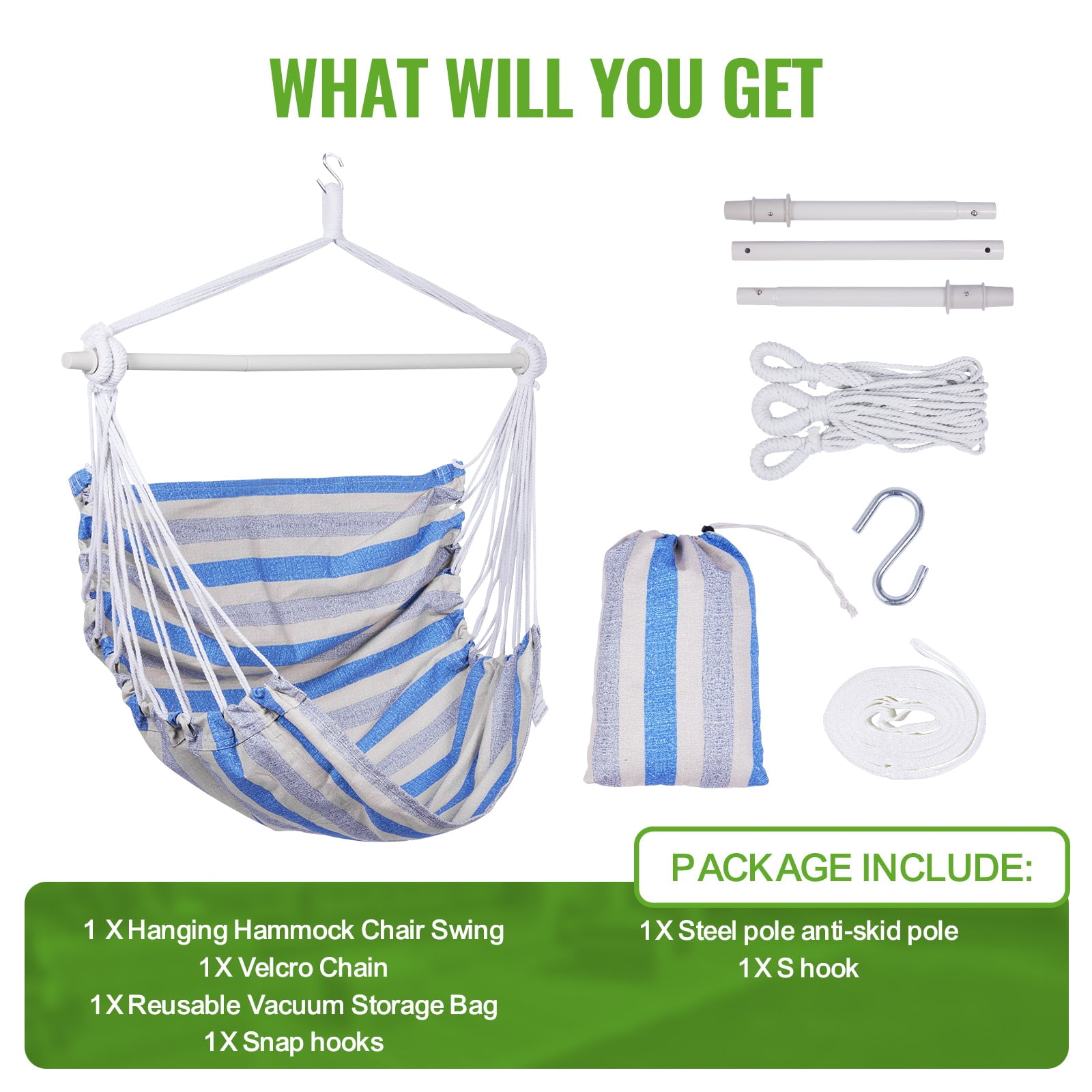 Backyard Expressions Striped Hammock Chair Hanging Rope Swing Chair, Anti Slip Steel Spreader Bar