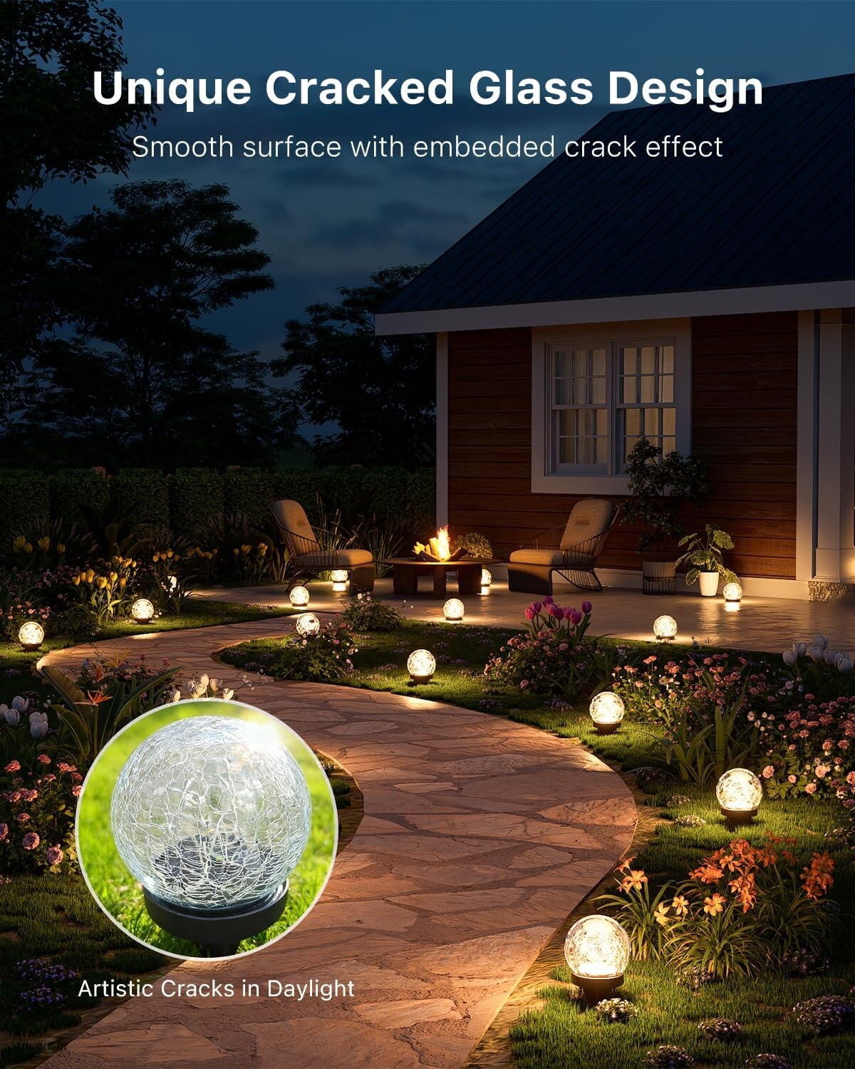 4 Pack Solar Globe Lights Outdoor, 3.9 inch Warm White LED Cracked Glass Path Lights, Waterproof Solar Landscape Lighting for Garden, Yard, Patio, Walkway & Step Decoration