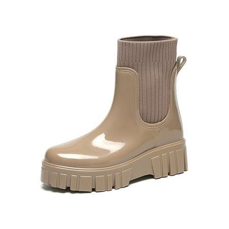 

UKAP Ladies Chelsea Boot Slip Resistant Work Shoes Waterproof Rain Boots Platform Outdoor Rainboot Women s Mid Calf Casual Apricot 6.5