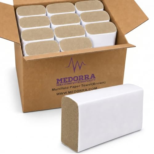 Medorra Multifold Paper Towels, White or Natural Brown, Bulk 12 Packs, 250 Sheets per Pack, 3000 Sheets per Case, Disposable Hand Towels for Restrooms, Offices, Kitchens, and Commercial Use (Brown)