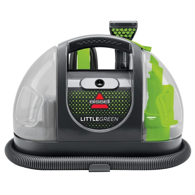 Bissell Little Green portable carpet and upholstery cleaner showing handle, power switch, hose wrapped at base, and transparent water tanks.