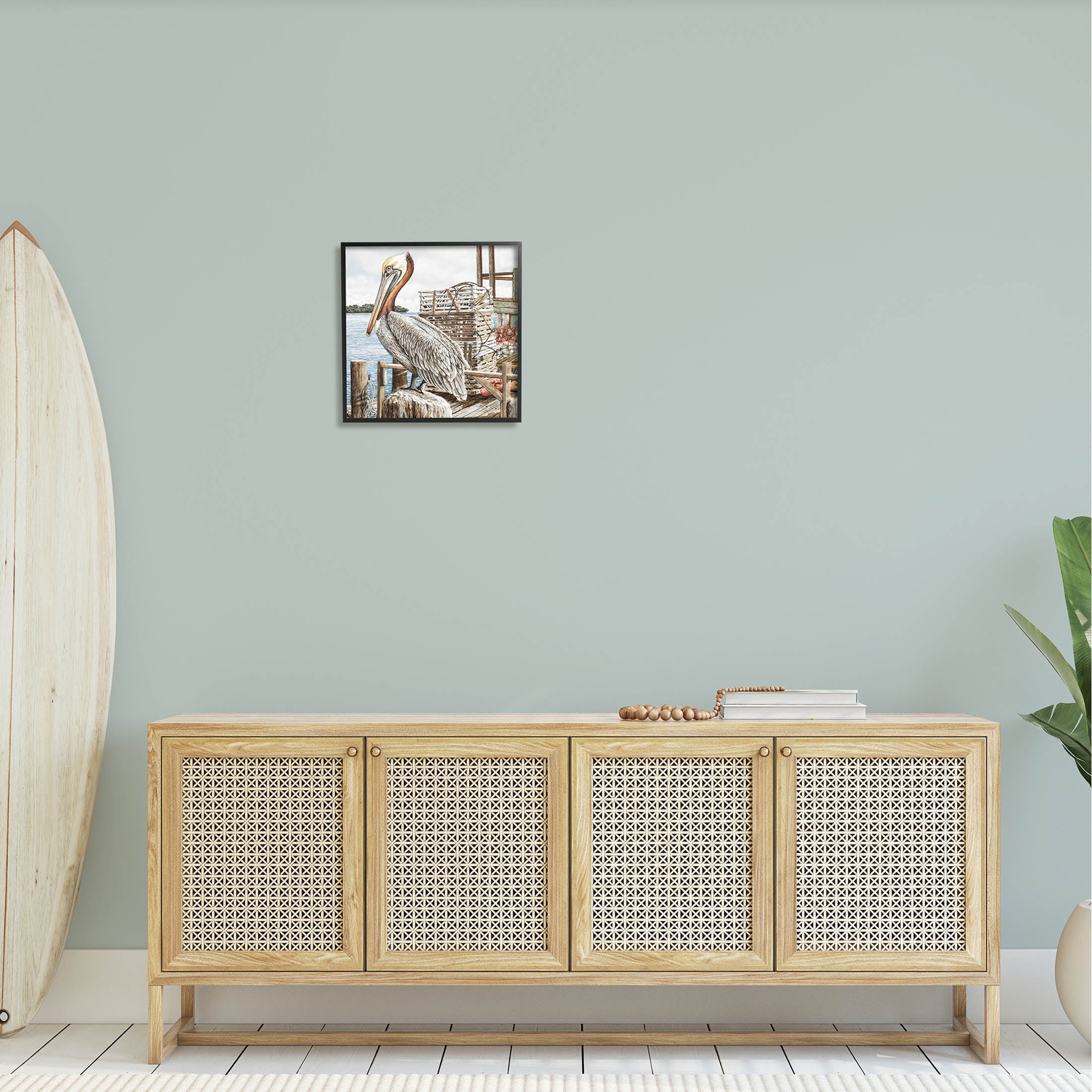 Pelican Perched Summer Fishing Dock Animals & Insects Painting Black Framed Art Print Wall Art