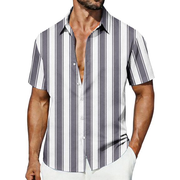 VSSSJ Men's Short Sleeve Casual Shirts Button Down Striped Summer Shirts Relaxed Fit Collared Comfortable Vacation Beach Shirt Dark Gray L