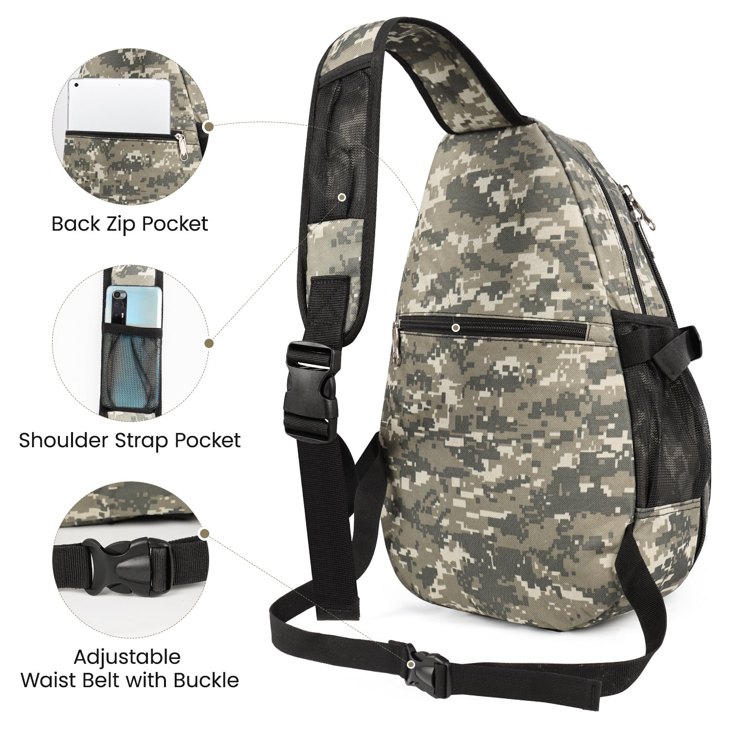 New York Xpress Camo Sling Bag Expandable 14–25L Daypack for Travel Hiking Cycling, Khaki,118