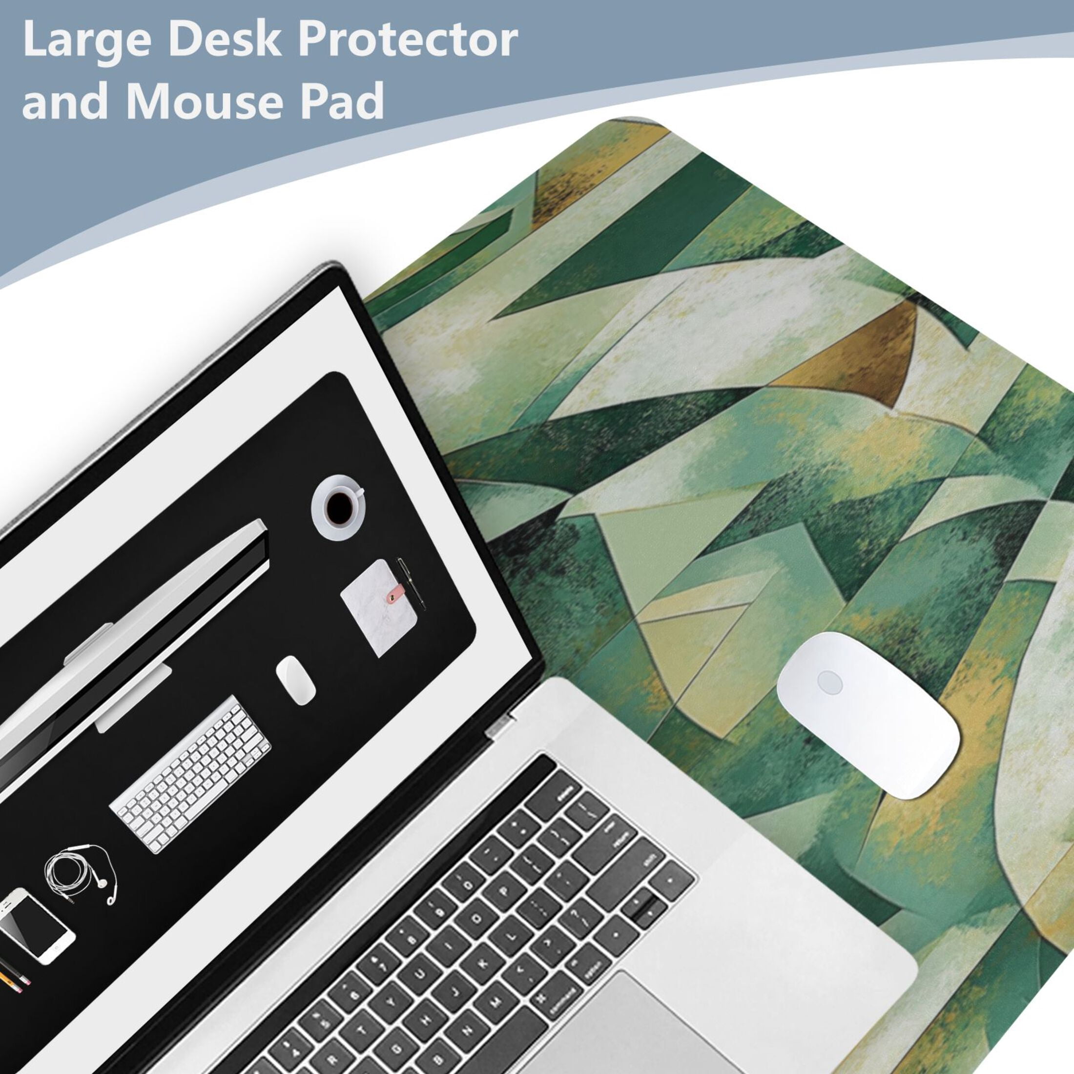 Leather Keyboard and Mouse Desk Mat Office Desk Accessories Protective Office Desk Decor Desk Pad Mat for Gaming, Work from Home, Office Cubist Geometric Shapes 16.5" x 35.4"