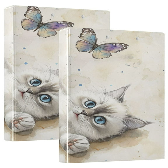 WOBOGO Cat with Colorful Butterfly File Folders Extra Large Capacity to Hold 200 Sheets of Documents Hard Shell Ring Binder for School Home Office