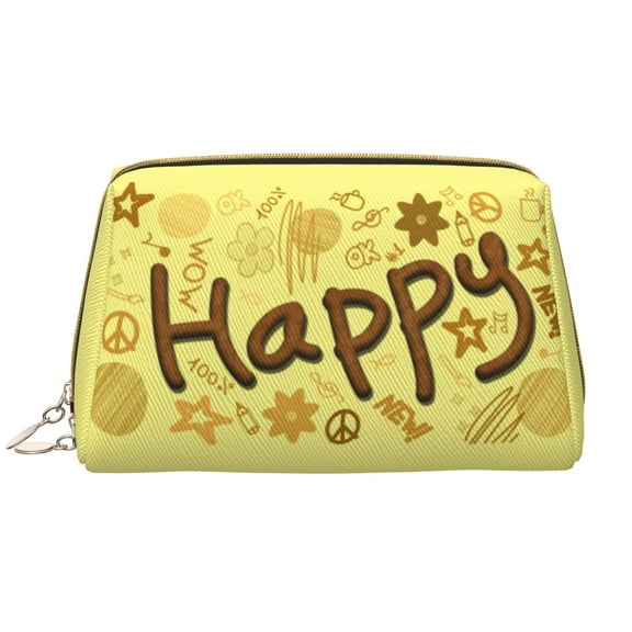 YFYANG Large Clutch Leather Makeup Bag, Yellow Khaki Happy Doodle Travel Toiletries Bag, Ladies Cosmetic Storage Bag